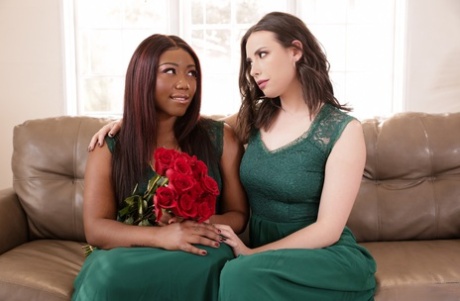 Casey Calvert and Chanell Heart ditch dresses before interracial lesbian sex