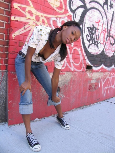 Ebony fetish slut does back alley striptease to display hot small tits & ass