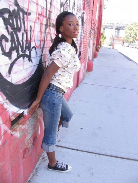 Ebony fetish slut does back alley striptease to display hot small tits & ass