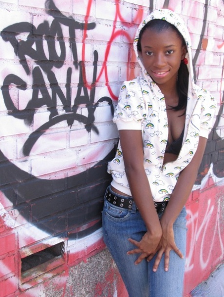 Ebony fetish slut does back alley striptease to display hot small tits & ass